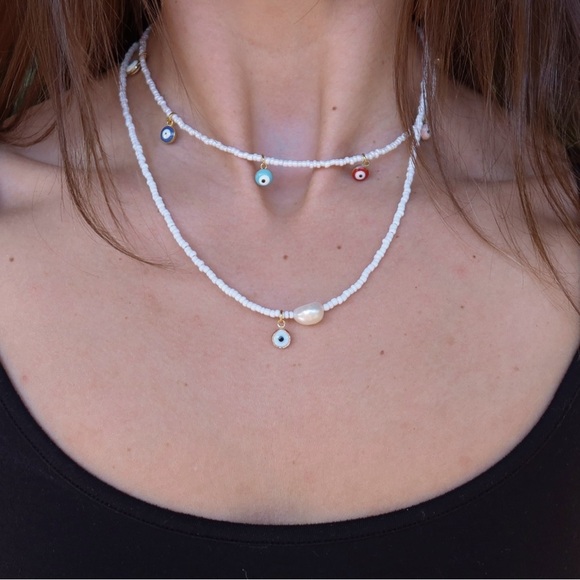 Jewelry - Layered Evil Eye Necklace Bundle Freshwater Pearl Gold Details 2 Piece Set